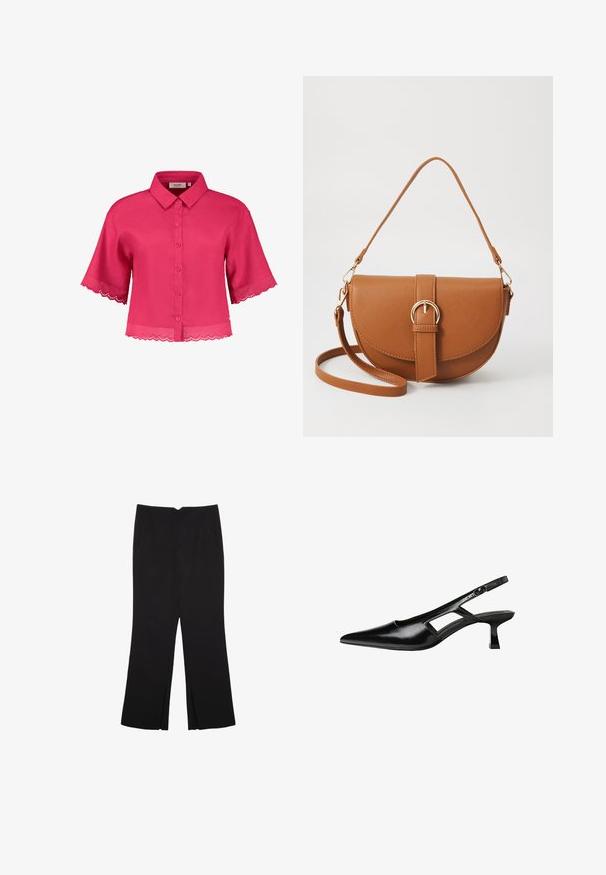 Krátka ružová blúzka s golierom, zapínaním na gombíky a vykrojenou čipkovou ozdobou na rukávoch a spodnom leme. Vyrobená z ľahkej tkaniny.; Čierne nohavice so strihom rovného strihu, s prednými vreckami a bočnými rozparkami na leme. Vyrobené z mäkkej, hladkej tkaniny. Vhodné na rôzne príležitosti.; Čierne lakované kožené lodičky na podpätku s špicatou špičkou, výrezovým dizajnom na boku a malým štvorcovým podpätkom. Hladký povrch s minimálnymi akcentmi.; Hnedá kožená kabelka cez telo s zakriveným tvarom, zlatými kovovými doplnkami a akcentom s prackou. Obsahuje odnímateľný ramenný popruh.