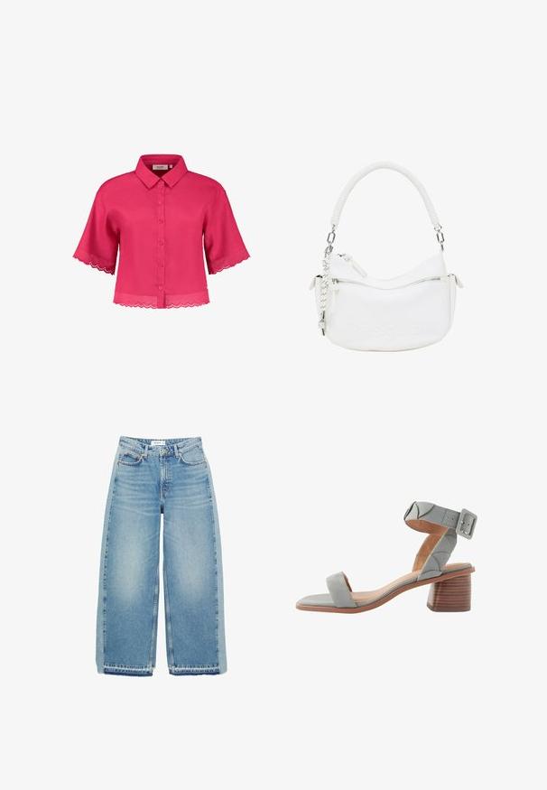 Krótka różowa bluzka z kołnierzykiem, zapinana na guziki, z falbaniastym koronkowym wykończeniem na rękawach i u dołu. Wykonana z lekkiego materiału.; Jasnoniebieskie dżinsy szerokie w nogawkach, wykonane z denimu, z wysokim stanem, zapięciem na guzik, kieszeniami z przodu i surowym dołem.; Next FOREVER COMFORT niebieski; Biała torebka z faux skóry o zakrzywionym kształcie, teksturowanym uchwycie, srebrnym okuciu i kieszeni na zamek. Posiada wytłoczone logo.