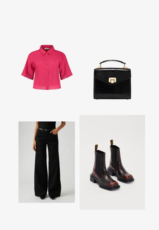 Blusa corta rosa con cuello, botones en el frente y dobladillo de encaje con forma de ondas en las mangas y el bajo. Fabricada con un material ligero.; Jeans de pierna ancha negros con una cintura alta, hechos de mezclilla. Cuenta con un cinturón negro con una hebilla ajustable y bolsillos laterales. Costuras detalladas visibles.; Dr. Martens MAYBOLE CHELSEA - Botines con plataforma - black/cherry red; Bolso de mano negro de cuero sintético con diseño estructurado, herrajes dorados, asa superior y cierre de solapa magnético.