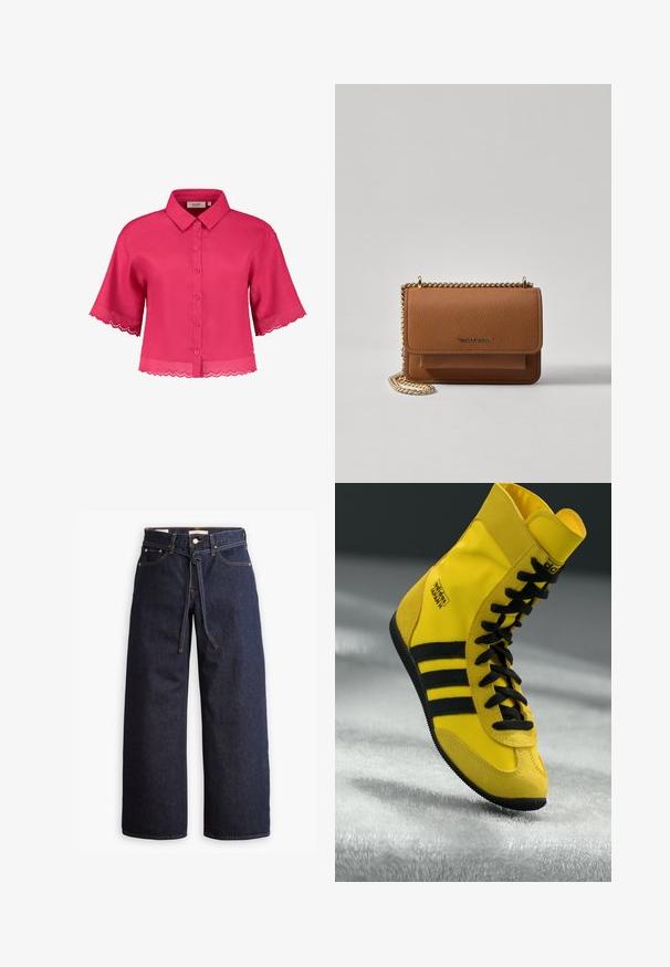 Trumpas rožinis bliuzonas su apykakle, mygtukais priekyje ir banguotu nėriniu apvadu ant rankovių bei apatinio krašto. Pagamintas iš lengvos medžiagos.; Plačios kojų tamsiai mėlynos džinsinės kelnės su aukštu liemeniu, turinčios raištį, penkias kišenes ir kontrastingas siūles.; Aukšti sportbačiai, pagaminti iš geltonos sintetinės medžiagos, su juodais raišteliais, trimis juodomis juostelėmis ir logotipu šone. Raštuota guminė padanga.; Ruda tekstūruota odinė per petį nešama rankinė su auksiniu grandininiu dirželiu ir užlenkiamo užsegimo. Priekinėje pusėje yra logotipo detalė ir kišenė po užlenkimu.
