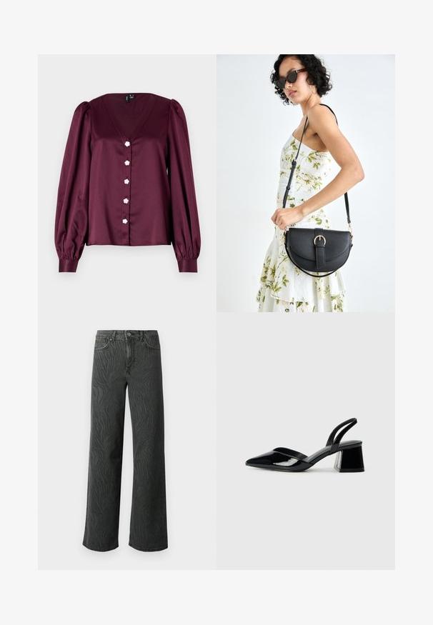 Blusa bordô com decote em V, mangas longas bufantes e botões decorativos em forma de flor na frente. Tecido liso e brilhante.; Calças de perna larga em denim cinza escuro, apresentando uma textura sutil de padrão zebra, costura em contraste e um design de cinco bolsos com fecho de botão.; Sandy em verniz preto com salto slingback, ponta afilada e salto geométrico. Apresenta um design elegante e minimalista com textura suave.; Bolsa de couro preta com forma curva, alça destacável e detalhes em dourado. A bolsa possui uma aba com detalhe de fivela.