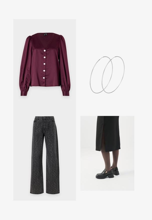 Burgundy blouse with a V-neck, puffed long sleeves, and decorative flower-shaped buttons along the front. Smooth, shiny fabric.; Noisy May NMJANNEL LOOSE - Relaxed fit jeans - black denim; Black leather shoes with a rounded toe, thick block heel, and elastic side accents, paired with dark tights and a black skirt with a slit.; Silver hoop earrings with a minimalist design. Circular shape, smooth texture, and thin profile. Lightweight with a polished finish.