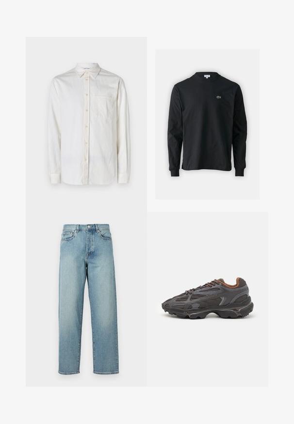 Pikad varrukad, valgest tekstuuriga kangast särk, millel on nööpidega krae, esikott ja nööbid keerme ning mansettide juures.; Must musta särk pikad varrukad, valmistatud puuvillast, ümar kaelus ja vasakul rinnal väike rohelise värvi tikandiga krokodillilogoga.; Heledad sinised teksad, mis on laia lõikega, sirged jalad, viie tasku disain ja nupuga kinnitamine vööl. Minimalistlik õmbluse detail.; Tumed hallid Lacoste tossud, mis on valmistatud võrkkangast ja sünteetilisest materjalist, omavad tekstureeritud talla ning pruune aktsente kaeluse ja brändingu juures.