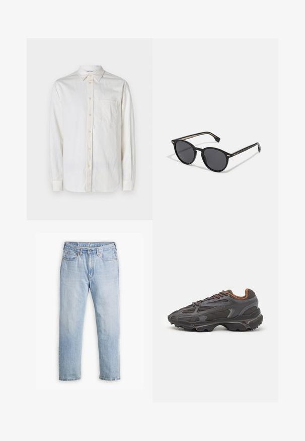 Duga košulja s dugim rukavima, bijela, izrađena od teksturiranog materijala s ovratnikom na dugmad, prednjim džepom i dugmadi duž placketa i manžeta.; Svijetloplave traperice s ravnim nogavicama, pet džepova i kontrastnim šavovima. Dužina gumba i zatvarača na struku.; Lacoste tenisice u tamno sivoj boji s mrežastim i sintetičkim materijalom, s teksturiranom potplatom i smešnim akcentima na ovratniku i brandiranju.; BOSS Sunčane naočale - black