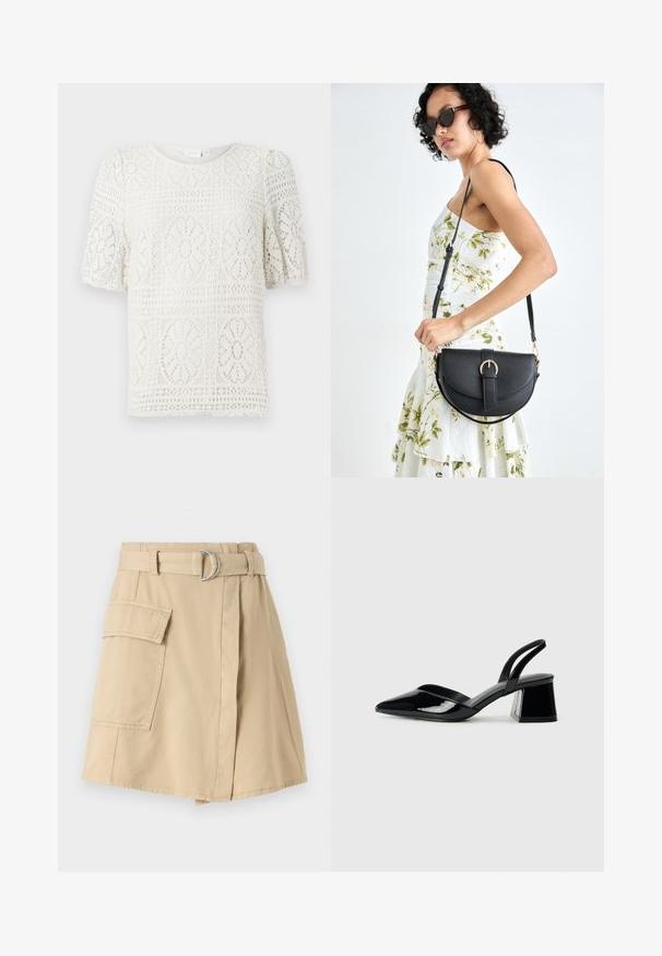 Witte top met korte mouwen van kant met bloemmotieven, voorzien van een ronde halslijn en een structuur van gaatjesdesign.; Beige katoen rok met een zijzak, een ceintuur met een zilveren ring en een lichte A-lijn vorm. Soepele textuur en een eenvoudig ontwerp.; Zwarte gepatineerde leren slingback hakken met een spitse neus en een geometrische blokhak. Kenmerkt zich door een slank, minimalistisch ontwerp en een gladde textuur.; Zwarte leren handtas met een gebogen vorm, afneembare schouderband en gouden hardware. De tas heeft een klep met een gespsluiting.