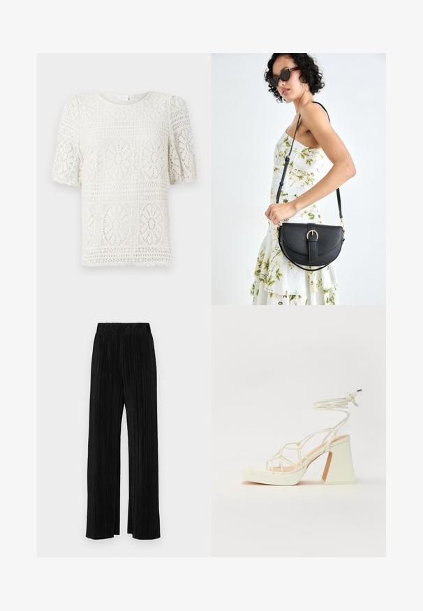 Top corto de manga corta blanco hecho de encaje con patrones florales, que presenta un escote redondeado y un diseño texturizado con ojales en toda su superficie.; Pantalones negros de pliegues con una cintura elástica. Presentan piernas anchas y una tela suave y texturada con rayas verticales.; Sandalia de tacón alto blanca con un tacón grueso, que presenta un diseño de tiras y un lazo en el tobillo. Textura suave con una plataforma en la parte delantera para mayor altura.; Bolso de piel negra con forma curva, correa desmontable y herrajes dorados. El bolso cuenta con una solapa con un detalle de hebilla.