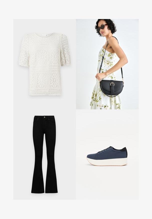 White short-sleeve top made of lace with floral patterns, featuring a rounded neckline and a textured, eyelet design throughout.; Black high-waist jeans with a button and zip closure, front pockets, and flared legs laid flat on a white background.; Navy blue sneaker with a textured fabric upper, white platform sole, rounded toe, and black heel accent. Features six eyelets for laces.; Black leather handbag with a curved shape, detachable strap, and gold hardware. The bag features a flap with a buckle detail.