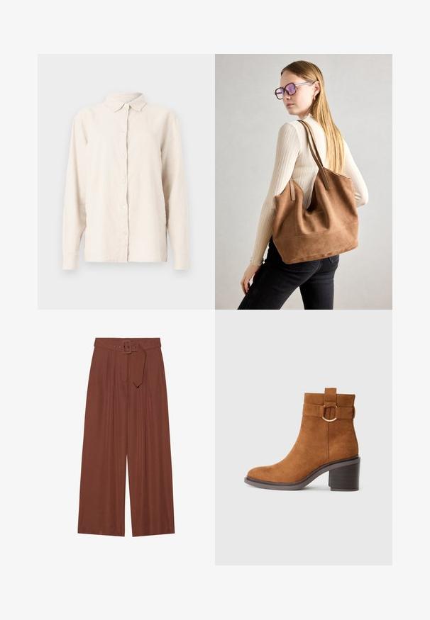 Šviesiai smėlio spalvos lininis marškinys su sagomis priekyje, smailiu krakmolu ir ilgomis rankovėmis. Medžiaga turi tekstūruotą, šiek tiek raukšlėtą išvaizdą.; Plačios kelnių kelnės rudos spalvos audinyje, su diržu su kvadratiniu sagtimi, klostuotų dizainu ir lygiu paviršiumi.; Rudi odiniai aulinukai iki kulkšnių su apvalia nosimi, bloko kulnu ir dekoratyvine juostele su apvaliu sagtimi.; Ruda zomšos rankinė su minkšta tekstūra, dideliu atidarymu ir ilgomis diržais. Pasižymi paprastu dizainu, matomomis siūlėmis ir be aksesuarų.