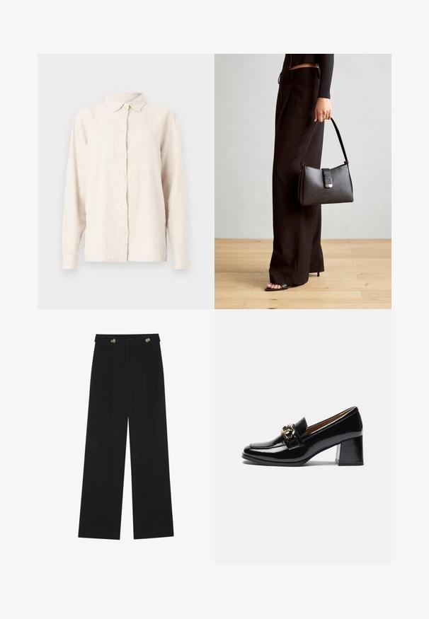 Light beige linen shirt with a buttoned front, pointed collar, and long sleeves. The fabric has a textured, slightly wrinkled appearance.; Black wide-leg trousers with high waist, button details on waistband, and front pleats.; Black patent leather heeled loafers featuring a rounded toe, chunkier heel, and a gold-tone hardware accent on the front strap.; Black handbag with structured shape, smooth texture, and a metallic clasp. Paired with wide black pants and open-toe sandals on wooden floor.