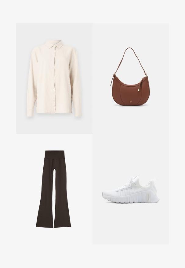 Világos bézs vászoning, gombos elülső résszel, hegyes gallérral és hosszú ujjakkal. Az anyag textúrája enyhén gyűrött kinézetű.; Sötétbarna harangszárú leggings széles, bordázott derékpánttal. Puha, rugalmas anyagból készült, sima kialakítással, látható fémrész nélkül.; Fehér sportcipő, textúrált felsőrésszel, lapos fűzőzáródással és kiemelkedő gumitalppal, amelyen függ вертикális barázdák találhatóak. Az oldalán logó van.; Barna műbőr válltáska ívelt formával, minimális varrással és arany színű kiegészítőkkel. Jellemzője a felső cipzáras záródás és állítható pánt.