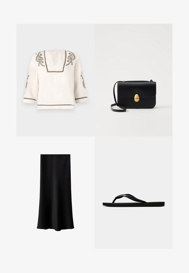Lněná blůza v barvě slonové kosti, s podrobnou olivovou výšivkou kolem výstřihu a rukávů, se třičtvrtinovými rukávy a hranatým lemem.; Černá midi sukně vyrobená z hladkého, lehkého materiálu. Disponuje rovný střihem, bez viditelné kovové části a jednoduchým designem bez vzorů.; Černé gumové žabky s texturovaným páskem a jednoduchou plochou podrážkou, zobrazené z boku na světlém pozadí.; Černá kožená kabelka se strukturovaným obdélníkovým tvarem. Obsahuje zlatou oválnou sponu a tenký ramenní popruh. Hladký povrch.