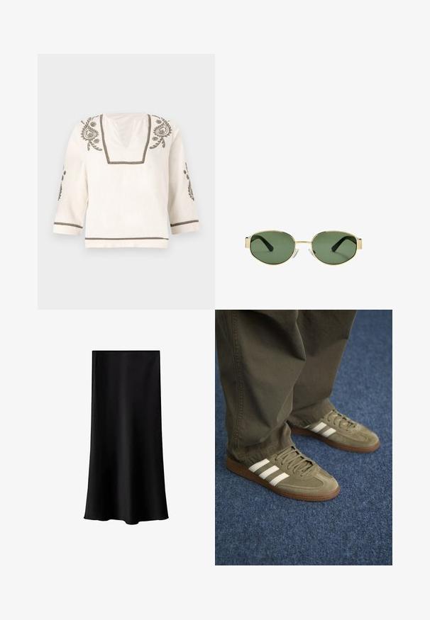 Linned blouse i off-white med detaljeret olivenbroderi langs halsudskæringen og ærmerne, med trekvartlange ærmer og kvadratisk kant.; Sort midi-nederdel lavet af glat, letvægtsstof. Den har en lige skæring, ingen synlig hardware og et enkelt design uden mønstre.; Grønne ruskindsneakers med tre hvide striber, brun gummisål og teksturerede snørebånd, parret med olivengrønne bukser på et blåt tæppe.; Solfarvede solbriller med guldmetalramme, grønne linser, oval form, sorte stænger og klare næsepuder. Rent, minimalistisk design.