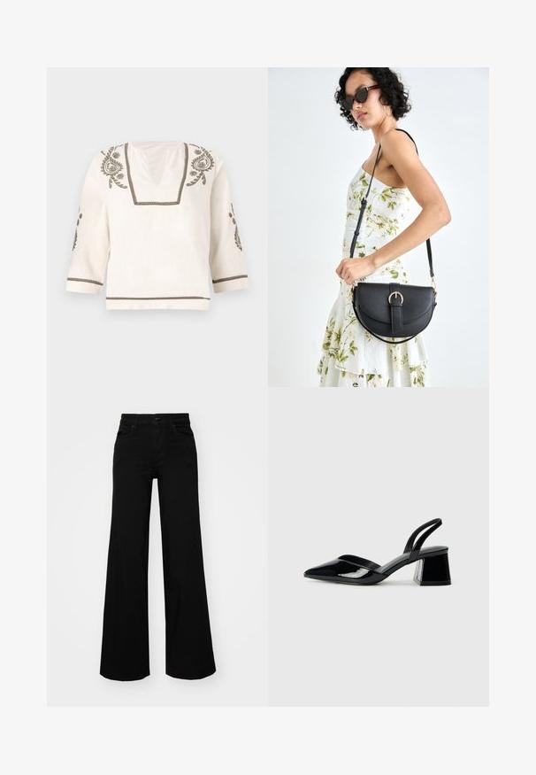 Linen blouse in off-white, featuring detailed olive embroidery along the neckline and sleeves, with three-quarter length sleeves and a squared hem.; Black wide-leg pants made of denim, featuring a structured waistband, belt loops, and front pockets. Smooth texture with a classic design.; Black patent leather slingback heels with a pointed toe and a geometric block heel. Features a sleek, minimal design and smooth texture.; Black leather handbag with a curved shape, detachable strap, and gold hardware. The bag features a flap with a buckle detail.