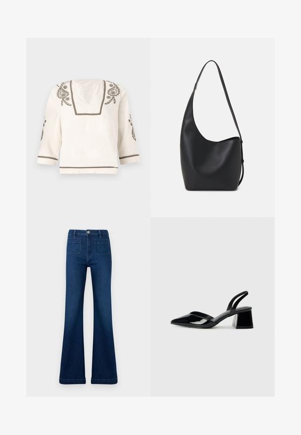 Lanena bluza u boji slonovače, s detaljnim maslinastim vezom duž izreza i rukava, s rukavima tri četvrtine i kvadratnim rubom.; Tamno plave traperice sa izrezom, visokog struka, s dva stražnja džepa i kontrastnim šavovima duž šavova.; Crne lakirane kožne sandale s otvorenom petom i špicastim vrhom, s geometrijskom blok petom. Imaju elegantan, minimalistički dizajn i glatku teksturu.; Crna kožna hobo torba s glatkom teksturom, zakrivljenim oblikom i jednom podesivom trakicom; ima širok otvor na vrhu.