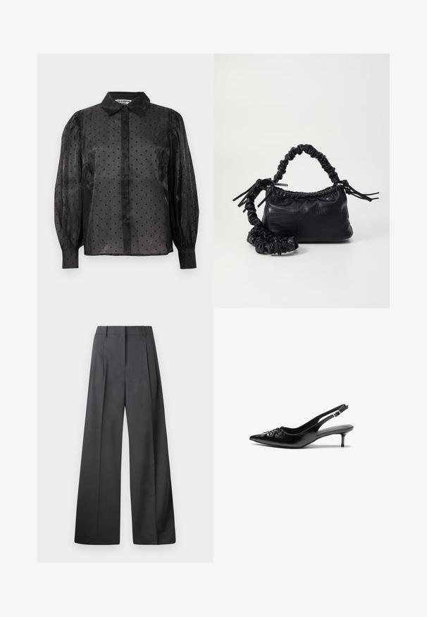 Black sheer blouse with small heart patterns, long puffed sleeves, button-down front, and a classic collar.; Wide-leg trousers in dark gray fabric, featuring a high waist, single pleats, and a smooth texture with a clean finish at the hems.; Black leather slingback heels with a pointed toe, small kitten heel, and a decorative knot detail on the front. Smooth texture throughout.; Black faux leather handbag with a crocodile texture, cinched top, and a scrunched strap. Appears soft and compact in design.