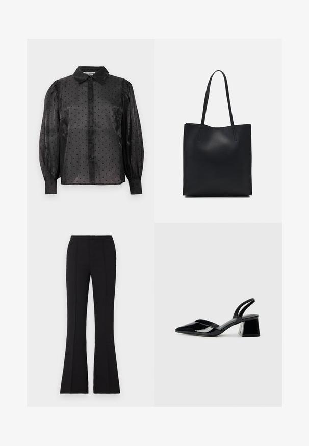 Svart gjennomsiktig bluse med små hjerte-mønstre, lange puffermer, knapplukking foran og klassisk krage.; Sorte flagrende bukser laget av glatt stoff, med en tettsittende midje, front sømdetaljer og en lett flare som begynner fra kneet.; Svarte patentlær slingback hæler med spiss tå og geometrisk blokk hæl. Har et stilrent, minimalistisk design og jevn tekstur.; Svart lær tote bag med glatt tekstur, rektangulær form og to lange håndtak. Ingen synlige deler eller dekorasjoner.