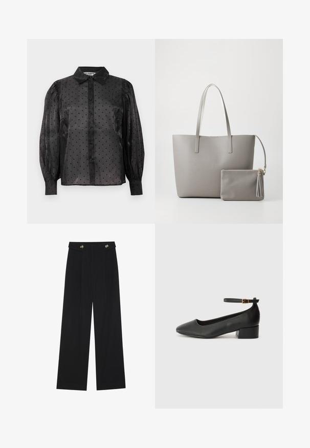 Schwarz durchsichtige Bluse mit kleinen Herzmustern, langen puff-Ärmeln, Knopfleiste und klassischem Kragen.; Schwarze weite Hosen mit hoher Taille, Knopfdetails am Bund und vorderen Falten.; Schwarze Lederpumps mit spitzem Zehenbereich und niedrigem Blockabsatz. Mit einem Knöchelriemen und einer goldfarbenen Schnalle. Glatte Textur.; Graue synthetische Tragetasche mit zwei langen Griffen und einem passenden kleinen Reißverschlussbeutel mit Quaste. Glatte Textur mit dezentem Muster.