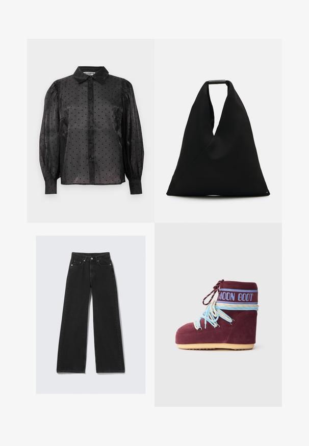 Černá průhledná blůza s malými srdíčky, dlouhými volnými rukávy, zapínáním na knoflíky a klasickým límečkem.; Široké černé džíny z denimu s vypasovaným pasem, pevnou tkaninou, předními kapsami a detaily v zlatém odstínu.; Bordové semišové Moon Boot s světle modrými a krémovými tkaničkami omotanými kolem kotníku, modrým logem na pásce a béžovou podrážkou na bílém pozadí.; Černá taška z látky s jedinečným designem ve tvaru V a hladkou strukturou. Obsahuje krátké ucho s minimalistickým kováním.
