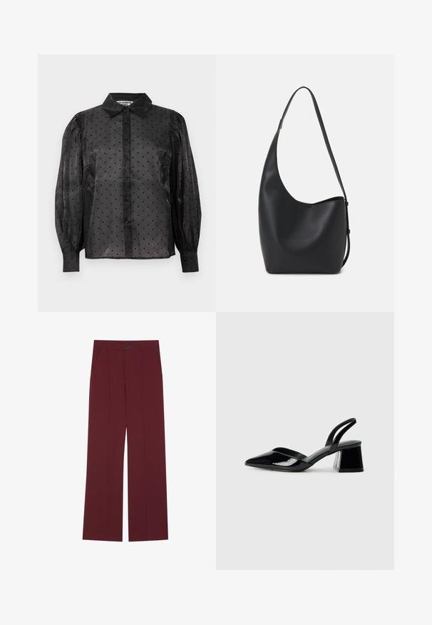 Fekete áttetsző blúz apró szívmintákkal, hosszú puffos ujjak, gombos elülső rész és klasszikus gallér.; Burgundy színű, széles lábú nadrág, gombos záródással, két oldalsó zsebbel és pliszírozott elejével. Sima szövettextúra.; Fekete lakk bőr szandálkés magas sarkú cipő, hegyes orral és geometrikus tömbsarkakkal. Karcsú, minimalista dizájn és sima textúra jellemzi.; Fekete bőr hobo táska sima textúrával, ívelt formával és egyetlen állítható pánttal; széles nyílás található a tetején.