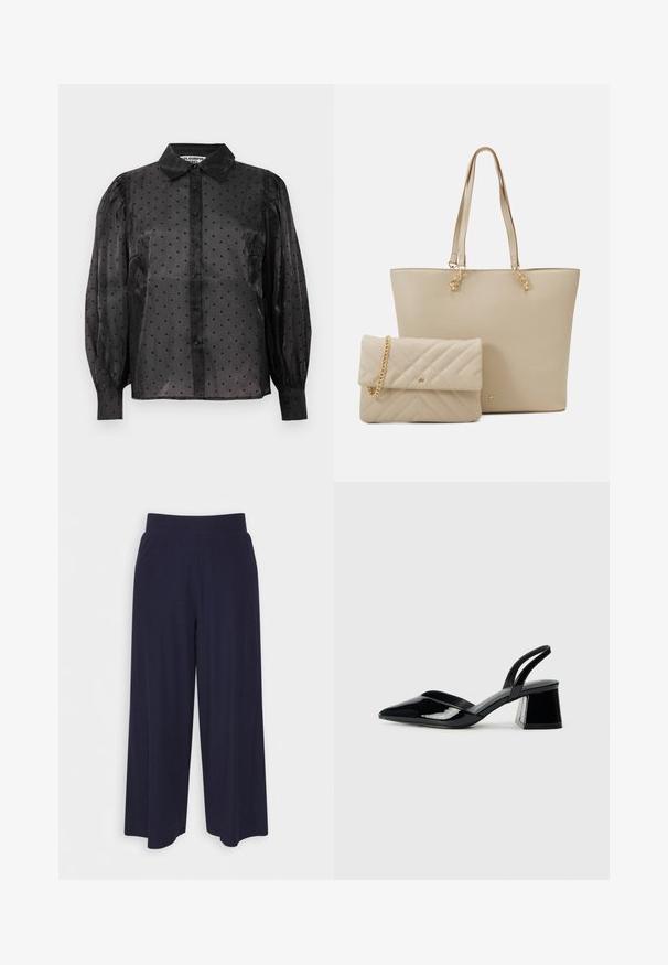 Must mustris mustriga roosa blouse, millel on väikesed südame mustrid, pikad puhv (puhv) varrukad, nööbiga ees ja klassikaline krae.; Tumed põlvpüksid tumedast meresinisest kangast, millel on sooneline tekstuur. Omab sujuvat vööd ja voolavat siluetti, ulatudes pooleni säärest.; Mustad musta lakknahk kingad, millel on terav varvas ja geomeetriline plokkkonts. Omab elegantselt minimalistlikku disaini ja sujuvat tekstuuri.; Beesum kott, millel on lamedad käepidemed, sile tekstuur ja kuldne riistvara, koos sobiva tikandiga kottide koos ahelkandiga.