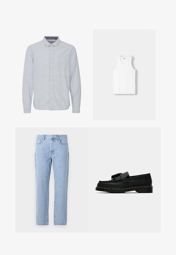 Nevtralno modra srajca z gumbki z navpičnimi belimi črtami, ovratnikom, enim žepom na prsih in možnostjo zavihanja rokavov. Iz bombažnega materiala.; Bela bombažna majica brez rokavov z okroglo izrezom, širokimi naramnicami in ravnim robom, ki se ponaša z gladko teksturo in brez vidnih vzorcev.; Svetlo modri kavbojki s ravnim krojem, petimi žepi in gumbom za zapenjanje. Mehka tekstura z klasičnim bledim videzom.; Črne usnjene loafer čevlje s resicami, rumenim šitjem ob podplatu in debelim, rebrastim gumijastim podplatom.