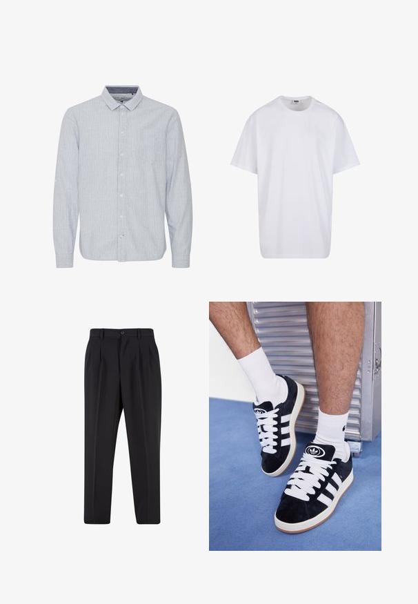 Svijetloplava košulja na dugih rukava s vertikalnim bijelim prugama, ovratnik, jedan džep na prsima i opcija za podvrnute rukave. Pamuk.; Bijela pamučna majica s kratkim rukavima, zaobljenim izrezom, opuštenog kroja, bez vidljivih logotipa ili uzoraka. Glatka tekstura i minimalni dizajn.; Crne hlače s nabranim prednjim dijelom, izrađene od glatkog materijala. Imaju zatvaranje na gumb i petlje za remen; ravne su krojen.; Crne nubuk tenisice s bijelim vezicama i tri bijele pruge. Imaju kružni crni logo na jeziku i gumeni potplat.