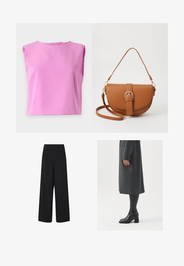 Ružový bezrukávový top s okrúhlym výstrihom, hladkou textúrou a zapínaním na gombík na zadnej strane. Dizajn je štvorcového strihu a voľne priliehajúci.; Čierne široké cropped nohavice s vysokým pásom a bočnými vreckami, s jemnými vertikálnymi švovými detailmi.; Sivý, strihovo upravený kabát so rovnými líniami; doplnený o čierne kožené čižmy po kolená s štvorcovou špičkou a robustným podpätkom.; Hnedá kožená kabelka cez telo s zakriveným tvarom, zlatými kovovými doplnkami a akcentom s prackou. Obsahuje odnímateľný ramenný popruh.
