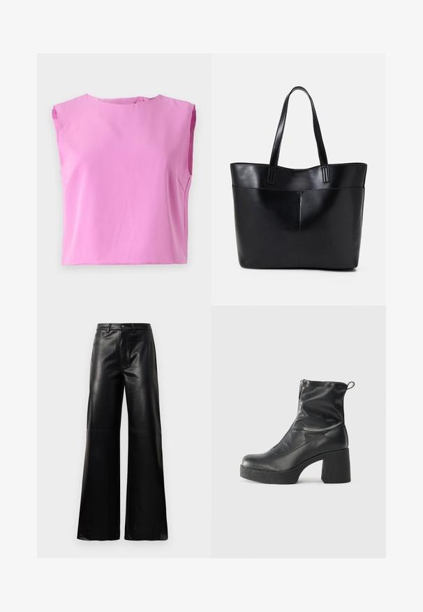 Top senza maniche rosa con scollatura rotonda, texture liscia e chiusura a bottone sul retro. Il design è ampio e rilassato.; Pantaloni ampi a vita alta in ecopelle neri con bottone frontale, chiusura con zip, passanti per cintura e tasche laterali su sfondo bianco.; Stivali neri alla caviglia in pelle liscia, con zip laterale, tacco spesso e texture, e punta arrotondata.; Borsa a tracolla in pelle nera con due manici lunghi, una texture liscia e una forma strutturata. Presenta una tasca frontale per ulteriore spazio di archiviazione.