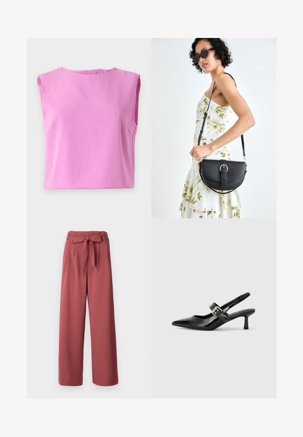 Pink sleeveless top with a round neckline, smooth texture, and a button closure at the back. The design is boxy and relaxed fitting.; Wide-leg trousers in a dusty rose color, made of a soft fabric, featuring a tied belt at the waist and side pockets.; Black patent leather slingback heels with a pointed toe and a small block heel, featuring a silver buckle accent on the strap.; Black leather handbag with a curved shape, detachable strap, and gold hardware. The bag features a flap with a buckle detail.
