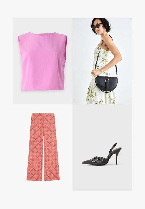 Roza brezrokavnik z okroglo izrezom, gladko teksturo in gumbom na zadnji strani. Oblikovanje je kvadratično in sproščeno.; Široke hlače iz vzorčaste tkanine v koralni barvi z mrežastim vzorcem, ki prikazuje prepletene linije temnejše rdeče barve. Mehka tekstura, sproščen kroj.; Črne stiletto pete z zašiljenim nosom, dvema srebrnima zaponkama in gležnjenčnim trakom, prikazane na enobarvni beli podlagi.; Črna usnjena torbica s ukrivljeno obliko, z odstranljivo naramnico in zlatimi dodatki. Torbica ima pokrov s podrobnostmi v obliki zaponke.