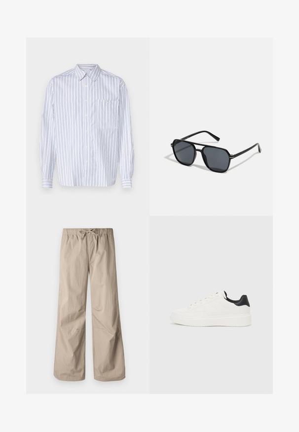 Valkoinen nappikauluspaita, jossa on pystysuorat tummansiniset raidat, pitkät hihat, rintatasku ja klassinen kaulus. Sileä kangas ja rento istuvuus.; Kermanväriset leveät housut, joissa on joustava vyötärö ja naru. Sujuva tekstuuri, kaksi sivutaskua ja minimaalinen sauma rentoa istuvuutta varten.; Valkoiset nahkakengät, joissa on kohokuviointi, teksturoitu valkoinen välipohja ja musta kantakappale. Ominaisuuksiin kuuluu pyöreä kärki ja tasaiset nauhat.; Musta aurinkolasit, joissa on oktaalinen kehys, tummat linssit, kiiltävä pinta, ohuet templesit ja kultaiset yksityiskohdat etupuolella.