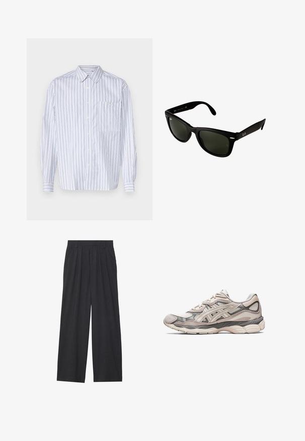White button-up shirt with vertical navy stripes, long sleeves, a chest pocket, and a classic collar. Smooth fabric with a relaxed fit.; Wide-leg trousers made of dark gray fabric. Features pleats at the waist, a tailored design, and a straight silhouette.; Light gray athletic shoe with a mesh and suede upper. Features a cushioned sole, pronounced overlays, and a structured design.; Black plastic sunglasses with dark green lenses. Square frame design features silver accents and an embossed logo on the temple.