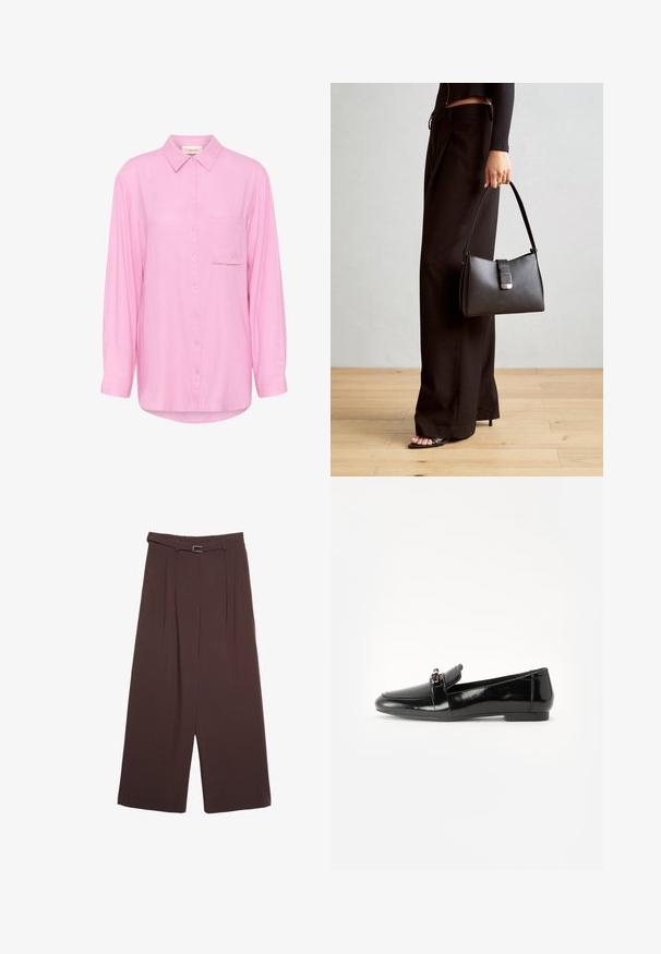 Helles rosa Hemd mit Knopfverschluss, Kragen, langen Ärmeln, einer Brusttasche und gestickten Details auf der Tasche. Weicher Stoff.; Stradivarius WIDE-LEG WITH BUCKLE DETAIL - Stoffhose - dark brown; Schwarze Lackleder-Lederschuhe mit flacher Sohle, runder Spitze und einem dekorativen Riemen mit einem goldfarbenen Akzent. Glattes, glänzendes Finish.; Schwarze Handtasche mit strukturierter Form, glatter Textur und einem metallischen Verschluss. Kombiniert mit weiten schwarzen Hosen und offenen Sandalen auf einem Holzboden.