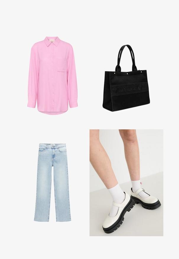 Helles rosa Hemd mit Knopfverschluss, Kragen, langen Ärmeln, einer Brusttasche und gestickten Details auf der Tasche. Weicher Stoff.; Helle blaue, weite Jeans aus Denim mit hoher Taille, fünf Taschen und einem Knopfverschluss. Verfügt über minimale Nahtdetails.; Weiße Lackleder-Mary-Jane-Schuhe mit einer dicken schwarzen Sohle, versehen mit einem Riemen über dem Spann und getragen mit weißen Socken.; Schwarze Canvas-Tragetasche mit zwei Tragriemen, die mit einem geprägten Logo-Band und kleinen Hardware-Details versehen ist. Rechteckige Form, robuste Verarbeitung.
