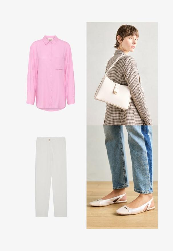 Camicia button-up rosa chiaro con colletto, maniche lunghe, taschino frontale e dettagli ricamati sulla tasca. Tessuto morbido.; Pantaloni bianchi su misura con design a gamba dritta, dotati di chiusura a bottone, passanti per cintura e tasche laterali; tessuto morbido.; Ballerine slingback rosa pallido con punta affusolata, realizzate in un materiale simile alla pelle liscio. Presentano dettagli a taglio sui lati e un tacco piatto.; Borsa a mano in pelle bianca con un design strutturato, presente di un clasp magnetico e una tracolla, esposta su uno sfondo neutro.