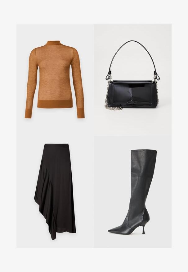 Rjav dolg rokav top iz lahkega materiala z visokim ovratnikom in rebrastimi manšeti. Tekstura je videti gladka in nekoliko prosojna.; AERON ASTER SKIRT - Ozko oprijeto krilo - black; Črne usnjene škornje do kolen s koničastim nosom in ozkim stiletto peto. Gladka tekstura z oblikovanim dizajnom in šivi na zgornjem robu.; Črna lakirana usnjena torbica pravokotne oblike, s verižnim trakom in značilnim kovinskim detajlom na sredini. Gladka textura.