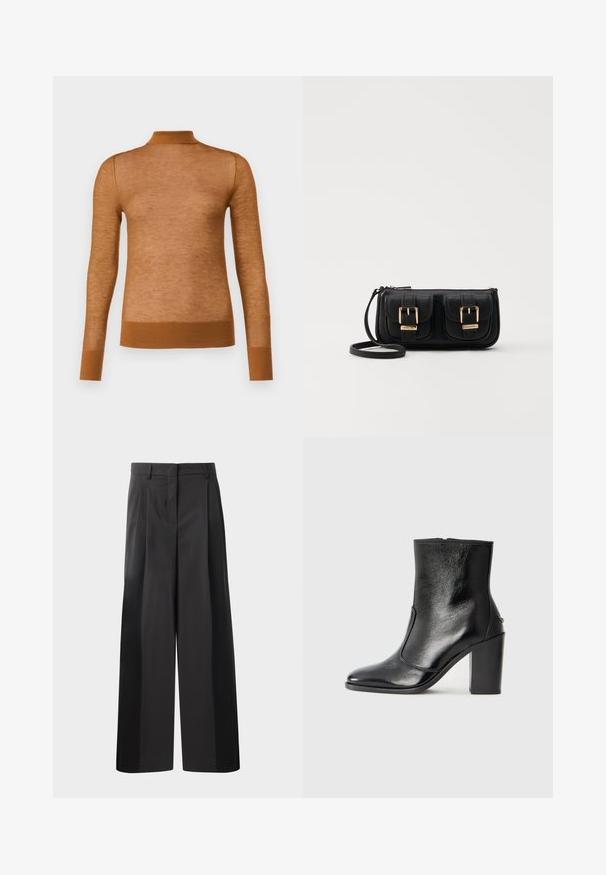 Pruun pikkade varrukatega pluus, mis on valmistatud kergetest materjalidest, kõrge kaelusega ja ribakujuliste mansettidega. Tekstuur näeb välja sile ja veidi läbipaistmatu.; Mustad laiad püksid kõrge vöökohaga, millel on ees voldid, sile tekstuur ja õmmeldud viimistlus. Kujundatud lõdva istuvuse saavutamiseks.; Must kõvale nahast pahklipsu saapad, millel on sile tekstuur, terav varvas ja paks kõrge kann. Omab külgavatust ja minimalistlikku disaini.; Must küllastamata nahast õlakott, millel on kaks esist nähtavat taskut, kuldsed pandlad, tõmblukuga sulgemine ja peen rihm. Tekstuuriga pind ja kompaktne ristkülikukujuline kuju.