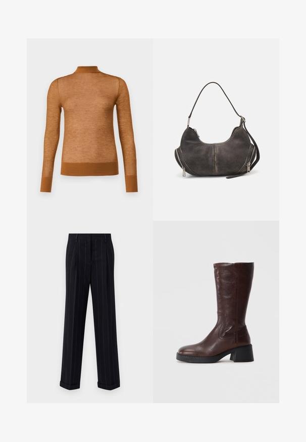Barna, hosszú ujjú felső, könnyű anyagból készült, magas gallérral és bordázott mandzsettákkal. A felülete simának és enyhén áttetszőnek tűnik.; Fekete csíkos nadrág, testre szabott fazonnal, cuffolt szegéllyel és elülső redőkkel. Sima anyagból készült, strukturált kialakítással.; Barna bőr, térd alá érő csizma, textúrázott felülettel, négyzetes orral és alacsony tömbsarkal. Oldalsó varrásokkal és enyhén szélesedő tetejével rendelkezik.; Sötét szürke velúr hobo táska ívelt formával, felső fogantyúval és oldalsó cipzárakkal, fém húzókkal. Simább textúra és látható varrási részletek.