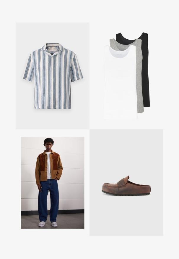 Īsām piedurkņu pogājams krekls ar ziliem un baltajiem vertikālajiem svītrām, izgriezta apkakle un teksturēta auduma vieglais dizains.; Trīs bezmaku blūzes baltā, pelēkā un melnā krāsā. Katrai no tām ir klasiska bezmaku dizaina forma, izgatavota no viegla kokvilnas auduma ar ribotu tekstūru.; Vīrietis stāv telpās, ģērbies brūnā korduroja jaciņā ar rūsas pleķiem, baltā T-kreklā, brīvās zilās džinsās un baltās sporta kurpēs.; Brūni ādas slip-on apavi ar noapaļotu pirkstu, dekoratīvām šuvēm un teksturētu gumijas zoli. vienkāršs dizains un minimālisms.