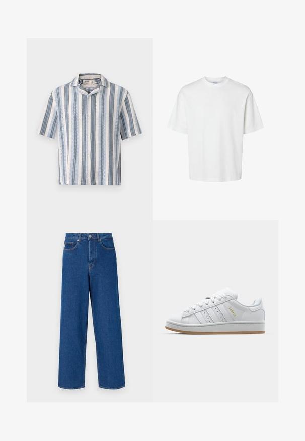 Kortermet skjorte med knapper, i blå og hvite vertikale striper, med en hakket krage og et teksturert stoff med lett design.; Hvit bomull t-skjorte med korte ermer, rund hals og avslappet passform. Glatt tekstur uten synlige mønstre eller detaljer.; Bredde ben blå jeans laget av denim, med høy midje, fem-lomme design, og kontraststing langs sømmene og lommene.; Hvit sneaker med perforert tre-stripes design, teksturerte detaljer, gummisåle og "CAMPUS" logo i gull på siden.