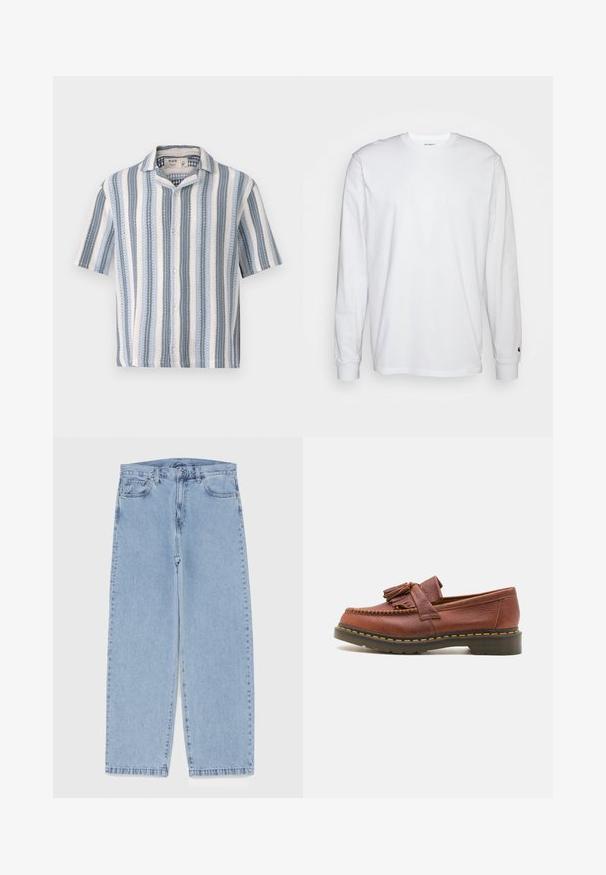 Kratek rokav, srajca z gumbi, ki prikazuje modro-bele vertikalne črte, ovratnik s poševnim robom ter teksturirano tkanino z lahkotno zasnovo.; Bela dolgimi rokavi majica iz bombaža. Oblika s krožnim izrezom z rebrastimi manšetami in majhnim logotipom na levi rokavu. Gladka tekstura.; Svijetloplave traperice s ravnim nogavicama, srednjeg struka, pet džepova te zatvaranjem na gumb i munju.; Rjavi usnjeni mokasin s dodatki v obliki resic, teksturirana površina in kontrastne rumene šive ob črnem gumenem podplatu. Stranska perspektiva.