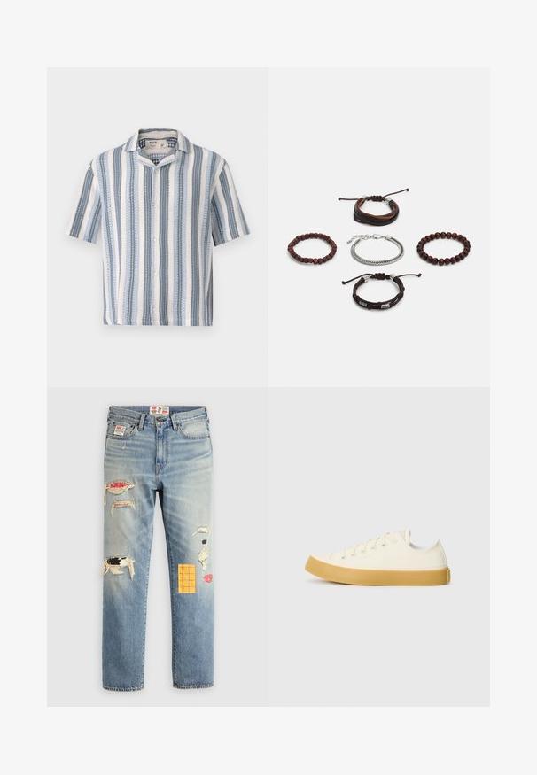 Cămașă cu mânecă scurtă, cu butoni, prezentând dungi verticale albastre și albe, un guler cu decupaj și un material texturat, cu un design ușor.; Jeans din denim de culoare albastră deschisă, cu o croială relaxată, având zone distruse în diverse culori și modele, inclusiv accente de portocaliu și roșu.; Tenisi din pânză de culoare albă murdară, cu vârf rotund, dotati cu talpă din cauciuc bej și cinci găuri pentru șireturi, cu un finisaj texturat pe partea superioară.; Set de cinci brățări cu piele maro, mărgele din lemn și un lanț argintiu; texturi și forme variate, cu închideri ajustabile.