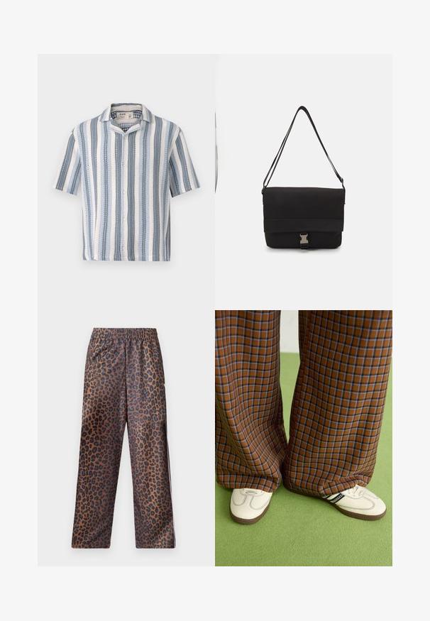 Košile s krátkým rukávem, která se zapíná na knoflíky a má modro-bílé svislé pruhy, klopový límec a texturovanou látku s lehkým designem.; Kalhoty s leopardím potiskem a elastickým pasem. Vyrobené z lesklé tkaniny, mají hnědou základnu s černými skvrnami a volný střih.; Hnědo-modré kostkované široké kalhoty doplněné bílými botami s černými akcenty a texturovanou podrážkou, umístěné na zeleném pozadí.; Černá messenger taška vyrobená z hladkého materiálu, s překlopným víkem, stříbrnými sponkami a nastavitelným ramenním popruhem.