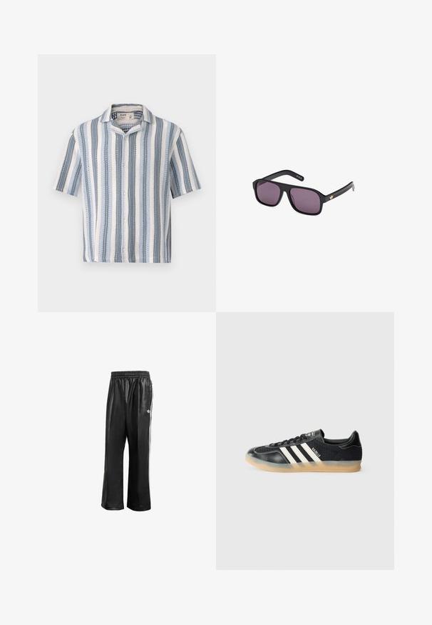 Camisa de botones de manga corta con rayas verticales azules y blancas, un cuello con muescas y una tela texturizada con un diseño ligero.; Pantalones de chándal sintéticos negros con cinturilla elástica, que presentan rayas laterales blancas y un pequeño logo blanco en la cadera izquierda.; Zapatilla deportiva negra con rayas blancas, tejido texturizado, puntera de cuero liso y suela de goma. Presenta el logo en la lengüeta.; Gafas de sol negras con montura cuadrada, lentes oscuros y un acento de logo dorado en la varilla. Material plástico suave con acabado mate.