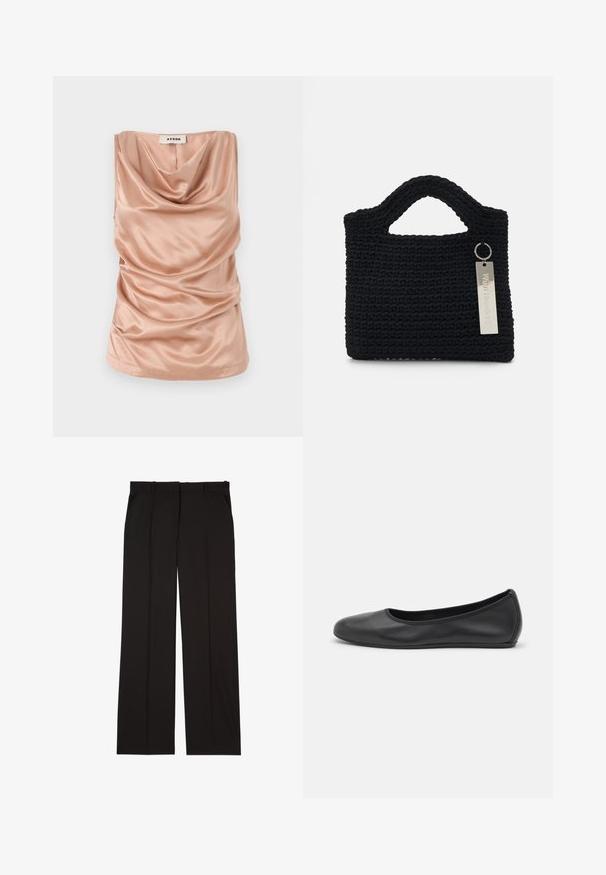 Pehmeast roosa satiinist kangast kaelustega ilma varrukateta top, mille külgedel on kortsutatud detailid ja sirge allserv. Omab tagumist zippi.; Mustad kohandatud püksid sujuvast kangast, sirge jala disainiga ja kahe küljetaskuga. Elegantne ja minimalistik ehitus.; Musthave mustika tantsutossud mustast nahast, ümmarguse varbaga, siledast tekstuurist, minimaalse õmblusdetailiga ja paindliku tallakujundusega.; Won Hundred MARSIELLE COMPUTER BAG UNISEX - Sülearvutikott - black