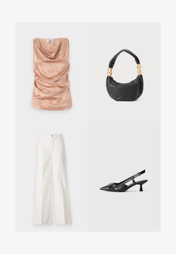 Top sem mangas com decote alto, em suave tecido de cetim cor de rosa pálido, com detalhes franzidos nas laterais e bainha reta. Apresenta um fecho de correr nas costas.; Calças largas brancas feitas de algodão com uma textura suave. Apresenta um botão frontal, fecho de correr e um design de quatro bolsos.; Sapato slingback em couro preto com biqueira fina, tiras decorativas com ilhós de metal e um pequeno salto quadrado. Superfície texturizada.; Mala de mão em couro preto com forma redonda, textura suave e alça com nó, apresentando detalhes em metal dourado. Fecho em zíper.