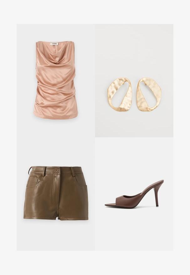 Cowl-neck, sleeveless top in soft, blush satin fabric with gathered details along the sides and a straight hem. Features a back zipper.; Brown faux leather shorts with a fitted design, waistband with belt loops, front pockets, and visible stitching details.; Brown leather open-toe high-heeled mules with a sleek design, featuring a wide front strap and a slender stiletto heel.; Pair of irregular oval-shaped gold-toned metal earrings with a textured, slightly hammered surface on a white background.