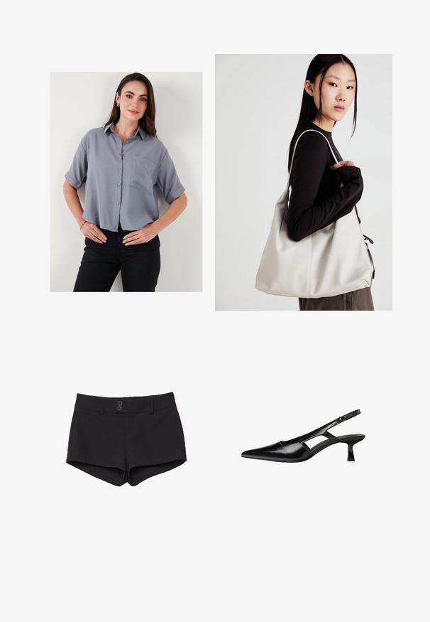 Gray short-sleeve button-up shirt with a collar, single chest pocket, and a relaxed fit. Fabric appears smooth and lightweight.; Black shorts made of fabric with a smooth texture. Features a waistband, two front pockets, and two black button closures at the front.; Black patent leather slingback heels with a pointed toe, cut-out side design, and a small square heel. Smooth texture with minimal accents.; Beige handbag made of soft material, featuring a slouchy design, stitched detailing, and two shoulder straps. Suitable for everyday use.