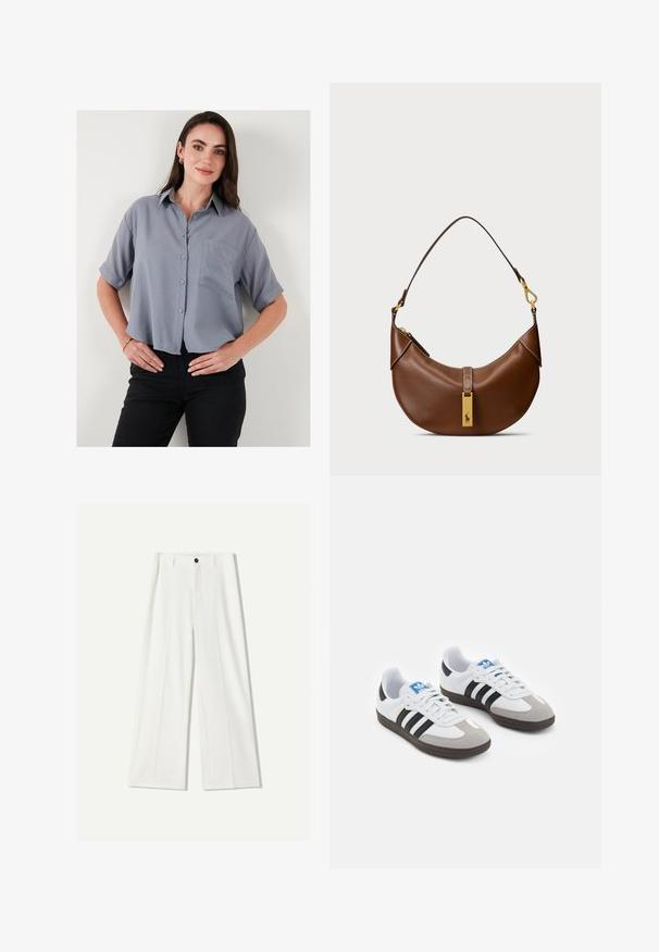 Siva kratka srajca s kratkimi rokavi in gumbom, ovratnikom, enim žepom na prsih in sproščenim krojem. Tkanina se zdi gladka in lahka.; Bele široke hlače iz gladkega materiala, ki imajo sprednje zapiranje na gumb in naborke. Zasnova s ravnim sprednjim delom, brez vidnih žepov.; Športni čevlji z belim usnjenim zgornjim delom, sivim semišem na prstih in tremi črnimi črtami. Imajo modro logo na jeziku in teksturiran gumijast podplat.; Rjava usnjena torba za ramensko nošenje s ukrivljeno obliko, zlatim dodatkom, detajlom na zgornjem zapiranju in logotipom. Gladka tekstura s šivi.