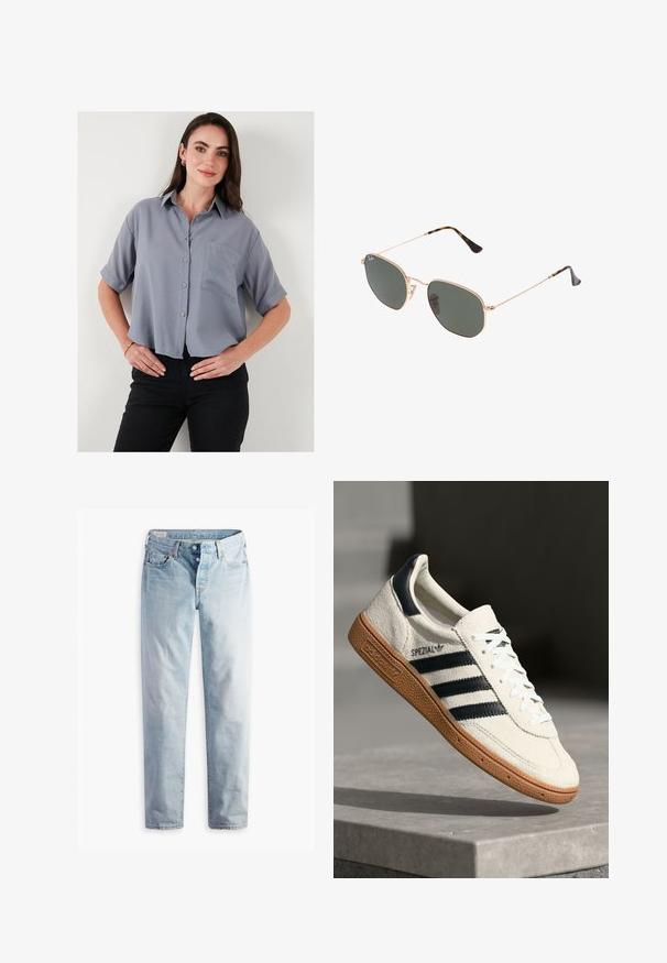 Camisa de botones gris de manga corta con cuello, un bolsillo en el pecho y un corte relajado. La tela parece suave y ligera.; Vaqueros de mezclilla azul claro con corte recto, dos bolsillos frontales y dos bolsillos traseros. Incluye cierre de dos botones y costuras sutiles.; Zapatilla de ante blanca con franjas en azul marino, suela de goma, parte superior texturizada, puntera redonda y cordones; presenta una marca en el lateral y en la lengüeta.; Gafas de sol de metal dorado con lentes verde oscuro, estilo aviador, con patillas delgadas y acentos de carey en los extremos.